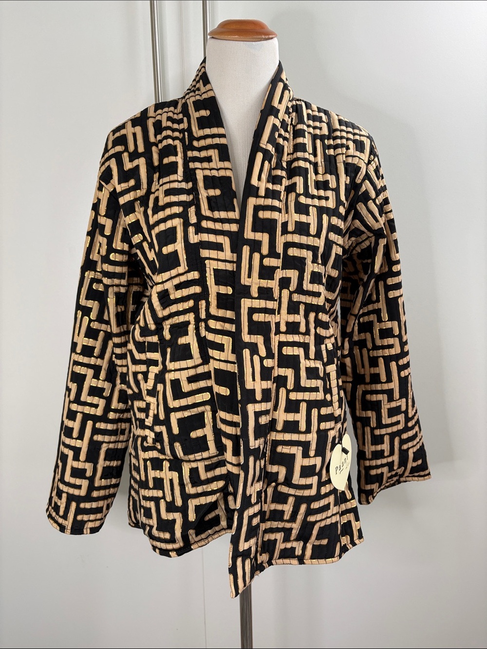 Paani Black & Tan Geometric Reversible Cheetah Print Quilted Jacket Kimono M